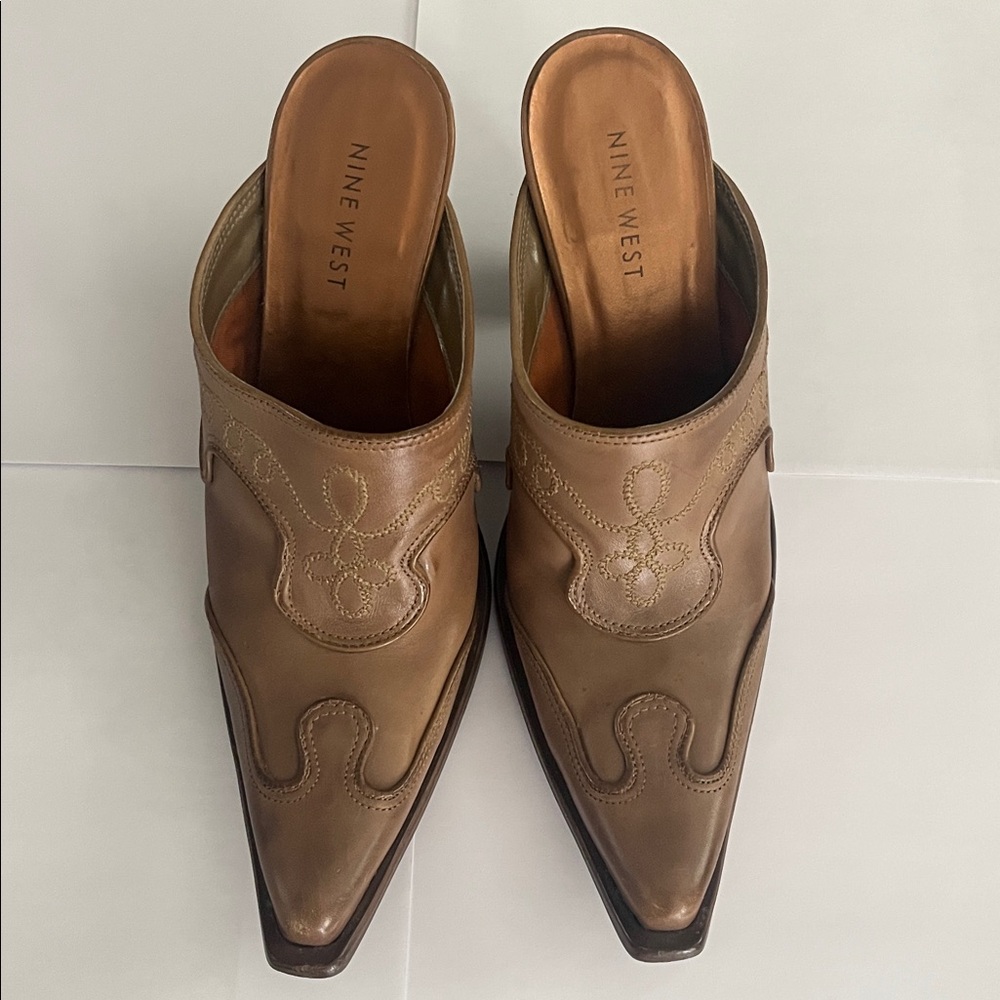 Nine West Western Style Slip On Brown Heeled Mules 8.5